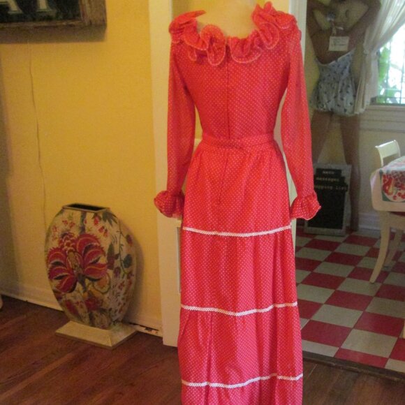 70s Red White Swiss Dot Maxi Dress Cottagecore SO CUTE - Picture 5 of 10